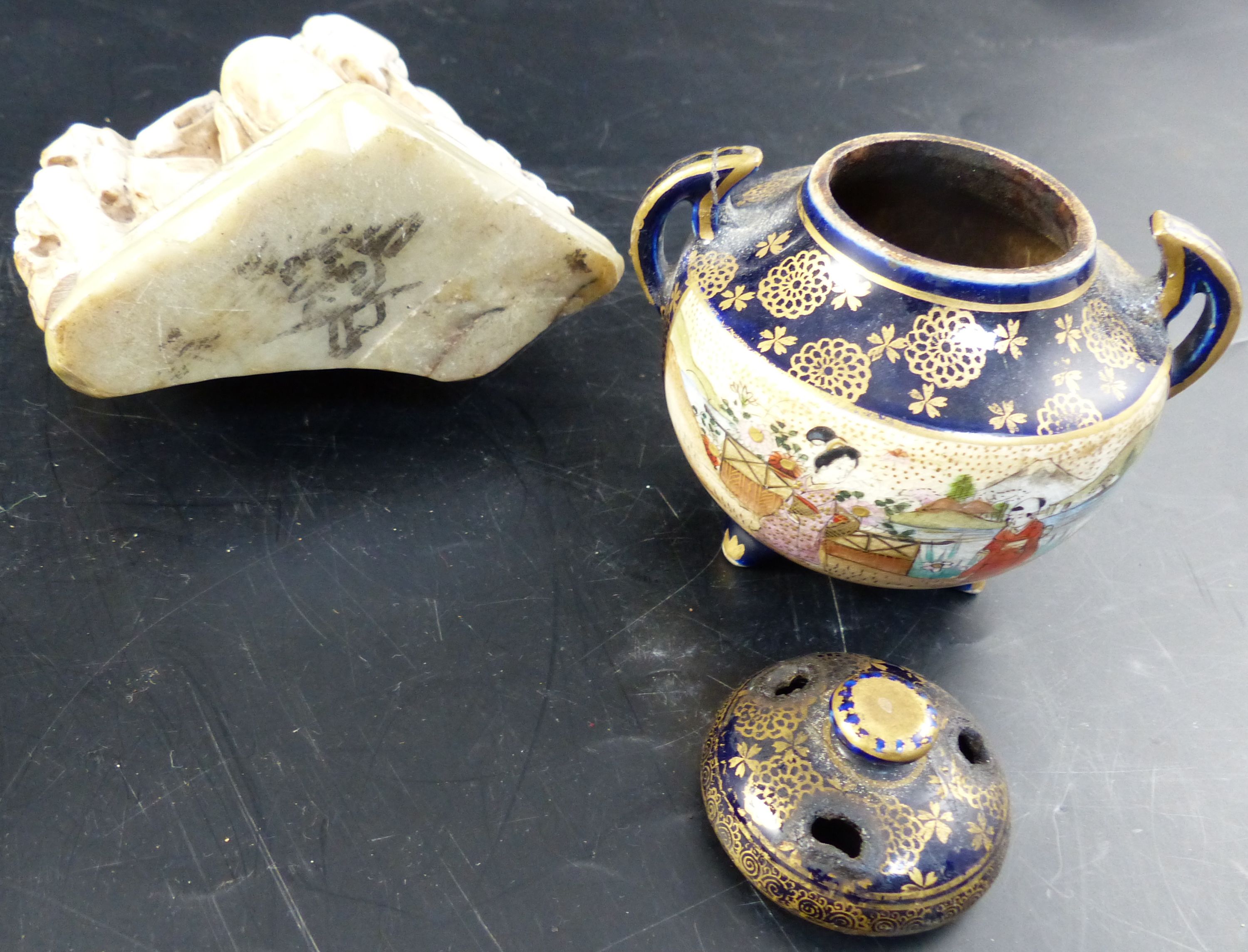 An early 20th century Indian white metal casket, a Satsuma koro, and a Chinese soap